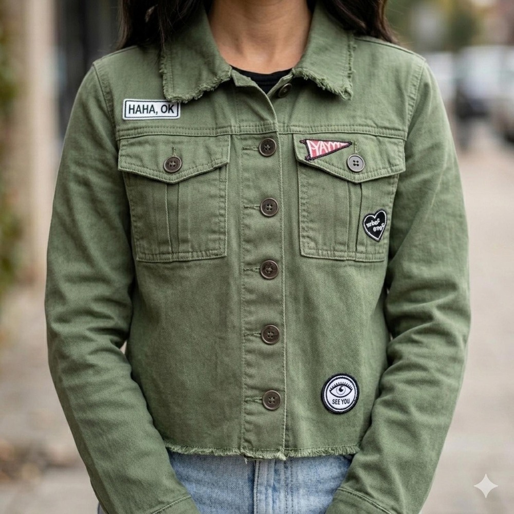 Maddie Zig Zag Patch Utility Jacket Olive Green JM Edgy Cropped Raw Hem Coat